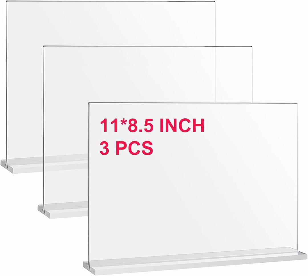 Clear Acrylic Sign Stands 11 x 8.5 Inch - 3 Pack Double-Sided Display for Restaurants, Office, Home, Store