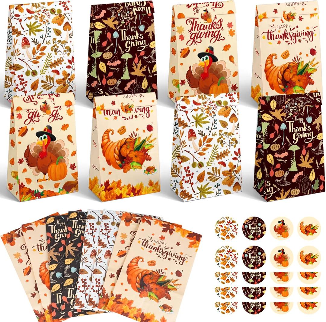 Elunpoe 32pcs Fall Goodie Bags, Thanksgiving Treat Paper Bags with Stickers, Perfect for Autumn Party Favors and Seasonal Candy Wrapping, 4.7" x 3.1" x 8.6"