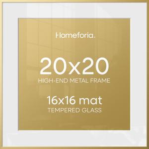 Homeforia 20x20 Picture Frame Gold, High End Metal 20 x 20 Square Poster Frame with Mat 16 x 16 Photo, 20x20 Frame Matted to 16x16 Print, 20by20 Gold Hanging Frames, Tempered Glass, Wall Kit, Set of 1