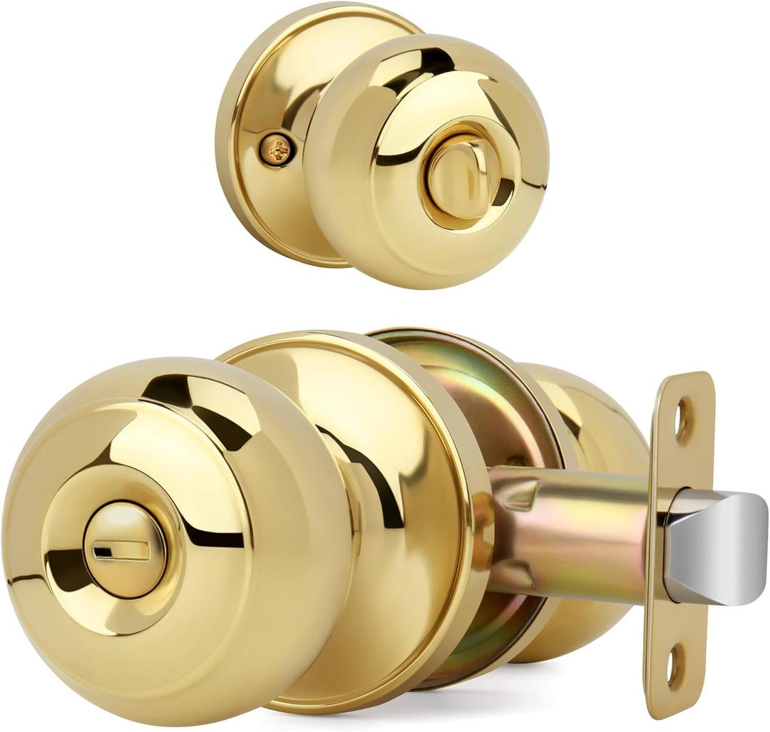 Flat Ball Door Knob with Lock, Keyless Privacy Round Design Doorknob for Bathrooms/Bedrooms, Polished Brass Finish (Pack of 1)