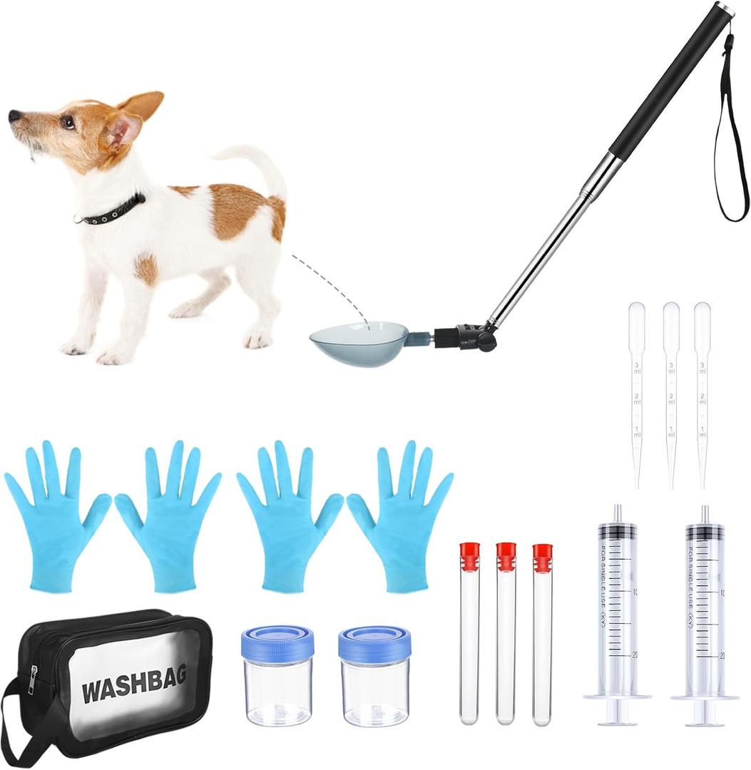 Kanayu 17 Pcs Dog Urine Collector Dog Urine Collection Pack, Include Telescopic Dog Urine Sample Catcher, Urine Sample Cups, Pipettes, Vials and Syringe for Pet Pregnancy Pee Test, Veterinary Supplies