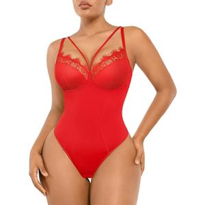 SHAPELLX Lace Bodysuit Shapewear for Women Tummy Control Body Suits Waist Sculpting V Neck Thong Corset Going Out Tops, S