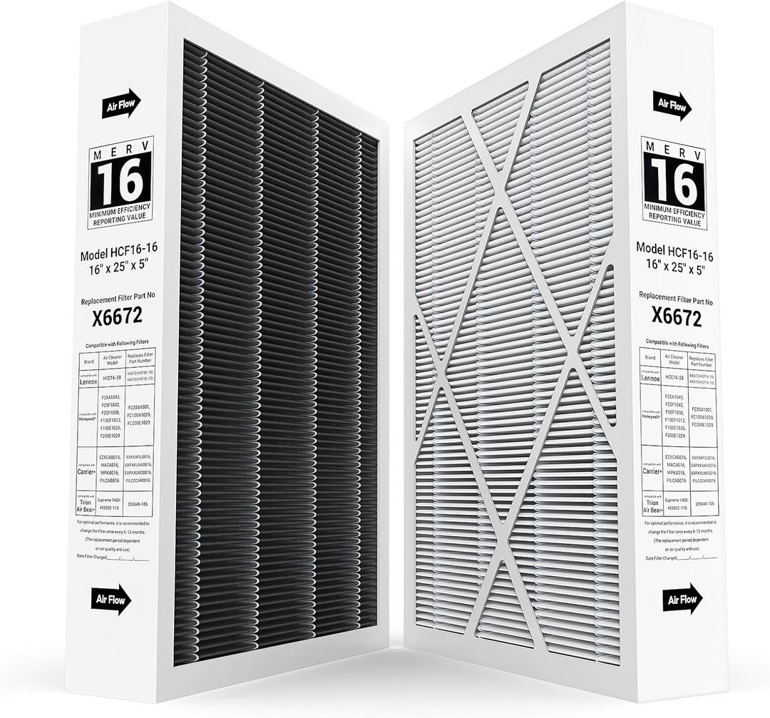 2-pack 6672 16X25X5 MERV 16 Filter Compatible with Lennox 16X25X5 and Lennox HCC16-28 Healthy Climate Carbon Clean MERV 16 Home Furnace Filter for HVAC System, Part # HCF16-16, HCF16-10