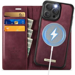 Wallet Case for iPhone 14 Pro Compatible with Magsafe, 2-in-1 PU Leather Flip RFID Blocking Card Holder Stand Shockproof Magnetic Detachable Case for iPhone 14 Pro Case 6.1", Burgundy
