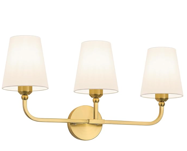 Bathroom Vanity Light, Brushed Gold Bathroom Light Fixtures, 3-Light Lighting Fixtures Over Mirror, Modern Wall Sconce with Flared White Fabric Shade, E26 Socket(ETL Listed)