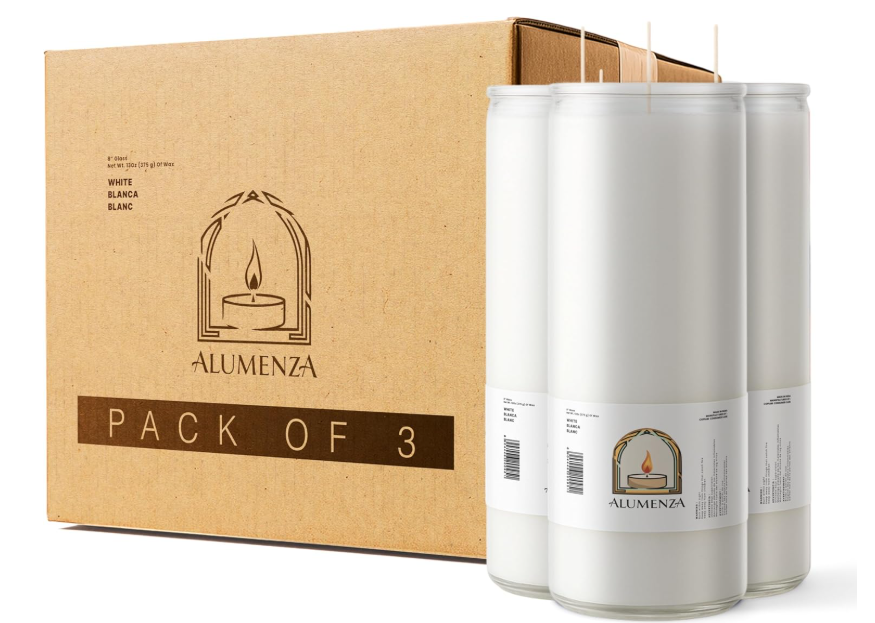 Alumenza 7 Day Candle in Glass Jar – Clean Burning Unscented Paraffin Wax – Large & Tall Devotional Prayer Candles for Home, Memorial, Rituals, Spells, Baptisms, Long Lasting Bulk 6 Pk