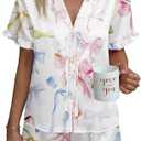 Ekouaer Satin Pajama for Women Short Sleeve Silky Pj Short Set Bow Front Tie Up Loungewear Sleepwear,Small