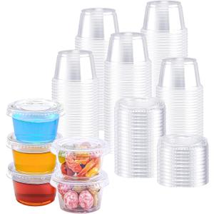 BYSNOW 500 Sets 1 oz Plastic Portion Cups with Lids, Small Clear Jello Shot Cup, Disposable Plastic Condiment Containers for Sauce, Salad Dressing, Snacks