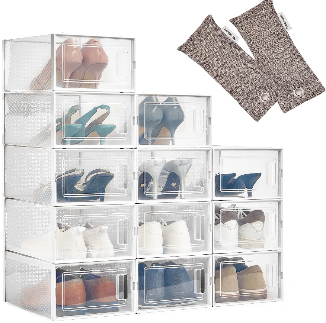 HomeBuddy Shoe Organizer for Closet - 12 Pack Shoe Boxes Clear Plastic Stackable Bins, Clear Shoe Boxes Stackable with Lids, Sneakers Storage Case, Zapateras Organizer for Shoes, Closet Shoe Organizer