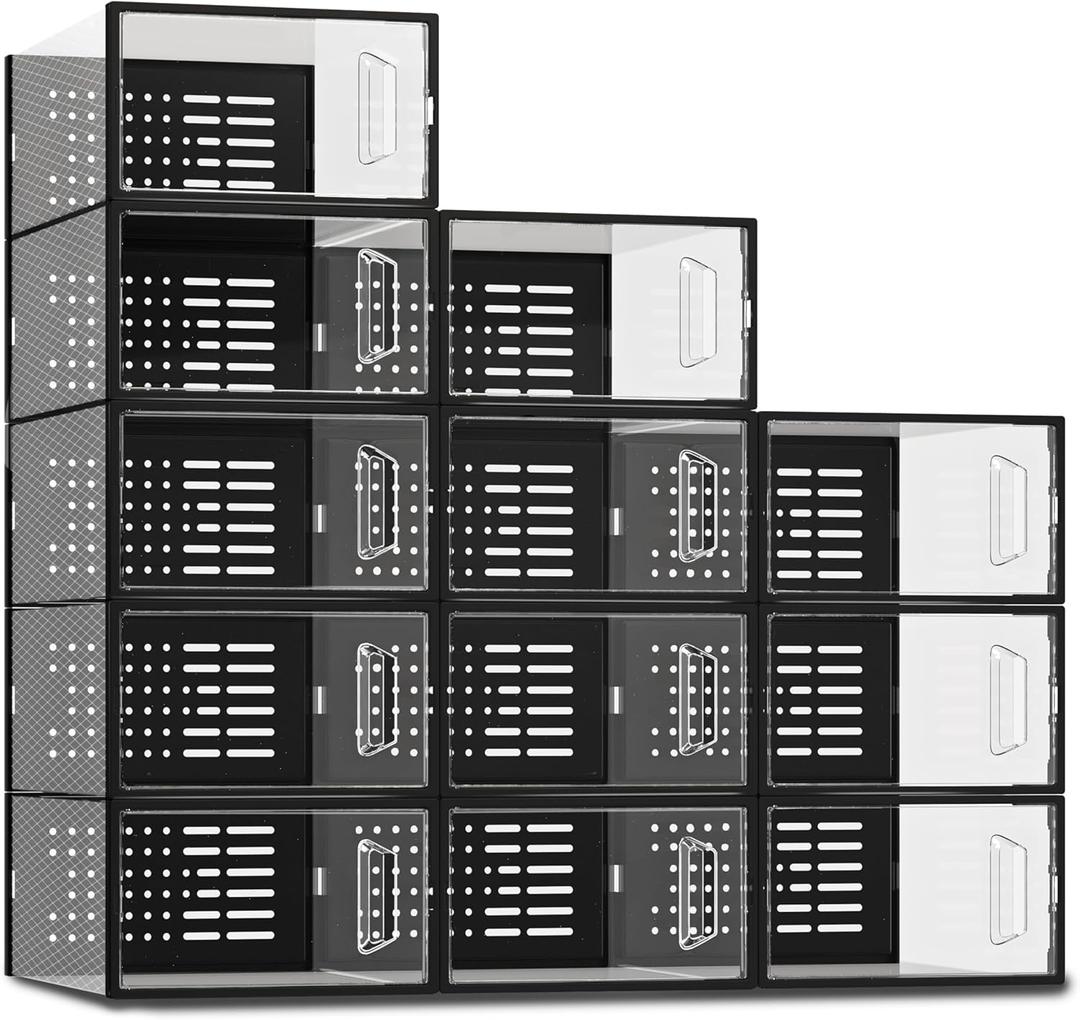 SEE SPRING Large 12 Pack New Stackable Shoe Storage Box, Clear Plastic Stackable Shoe Organizer for Closet, Space Saving Foldable Shoe Rack Sneaker Container Holder (Black)