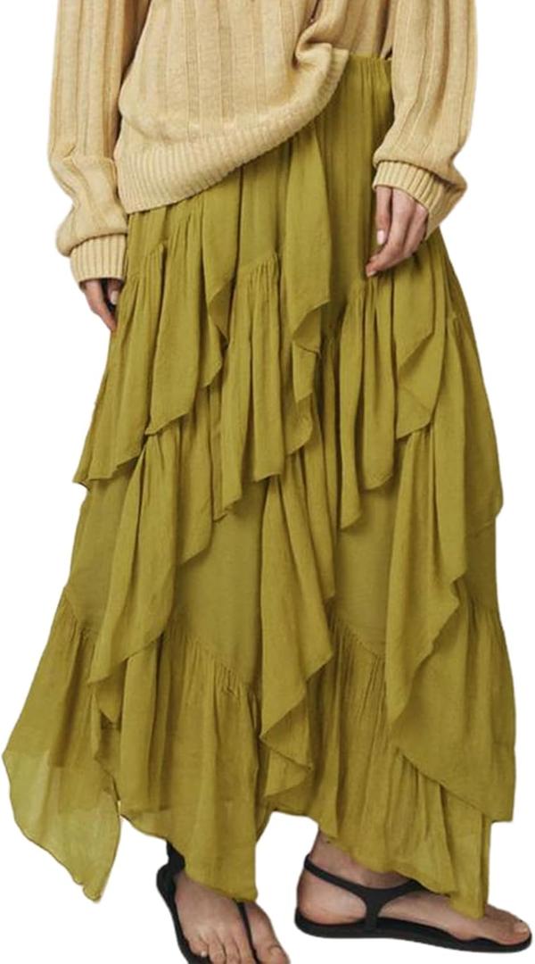 Wyeysyt Women's Ruffle Maxi Skirt Flowy Long Layered Skirts A Line Tiered Trendy Skirt (Green, S)