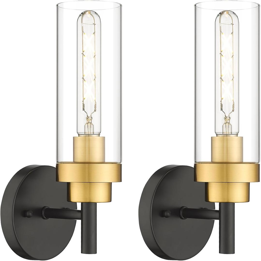 Emak Black and Gold Sconces Wall Decor Set of 2, Bathroom Vanity Light with Clear Glass Shade, Modern Wall Sconce for Bathroom, Bedroom, Living Room, Hallway, WS085-BKBGD-2PK, Black Gold & Clear Glass, 13 inch - 2PC