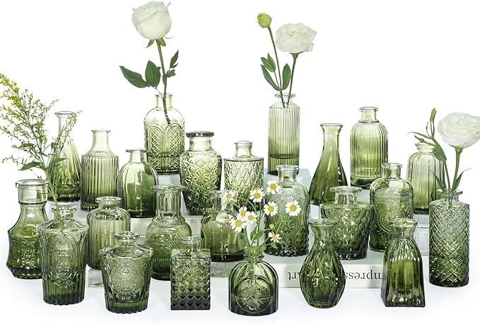 SUPMIND Bud Vase Set of 24, Green Bud Vases in Bulk, Small Flower Vases for Centerpieces, Mini Vintage Vase for Rustic Wedding, Home, Table Decoration