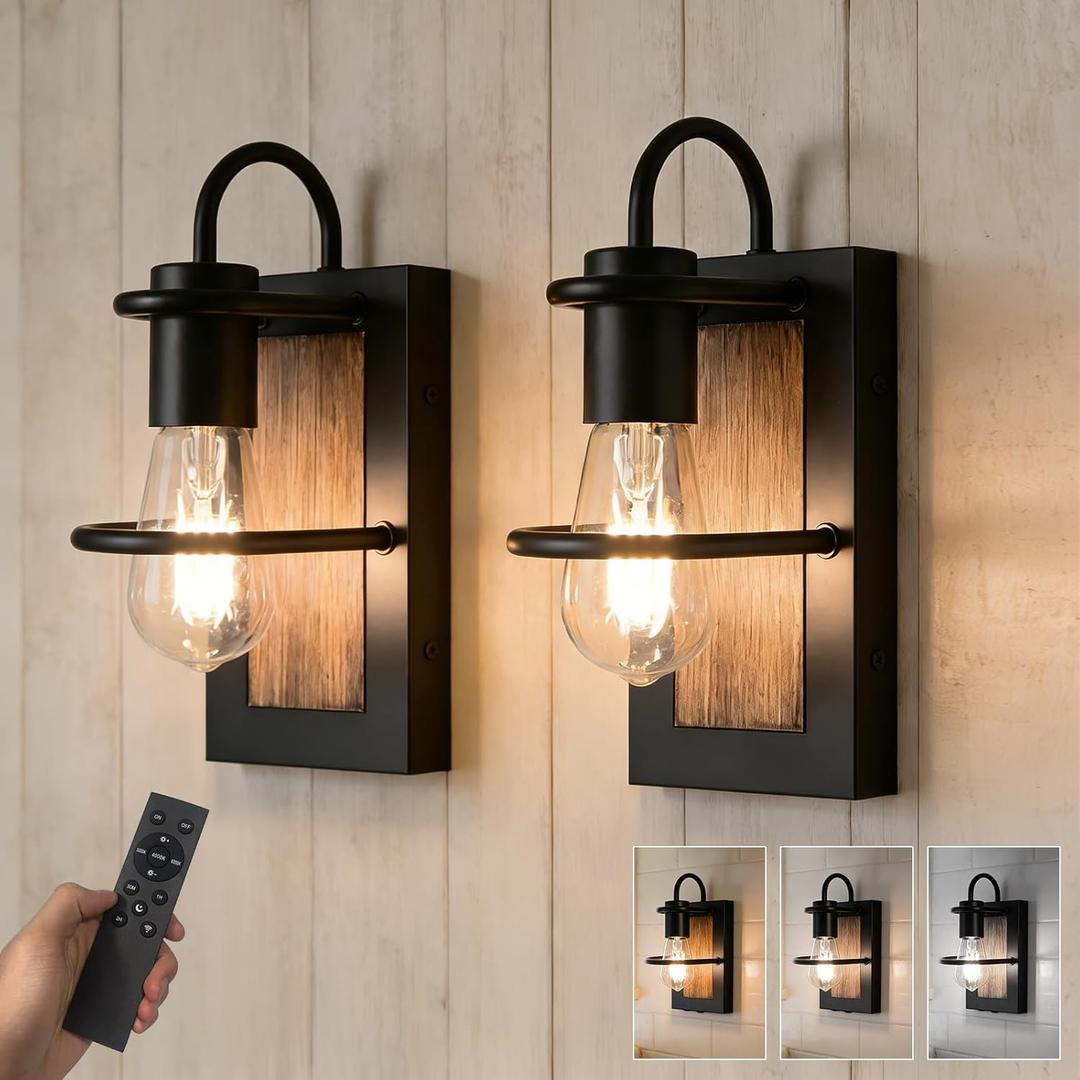  Battery Operated Wall Sconce Set of 2, Wireless Wall Lights with Remote Control, Dimmable 3 Color Temperatures, Rechargeable Wall Sconce with Vintage Faux-Wood Finish for Bedroom Living Room