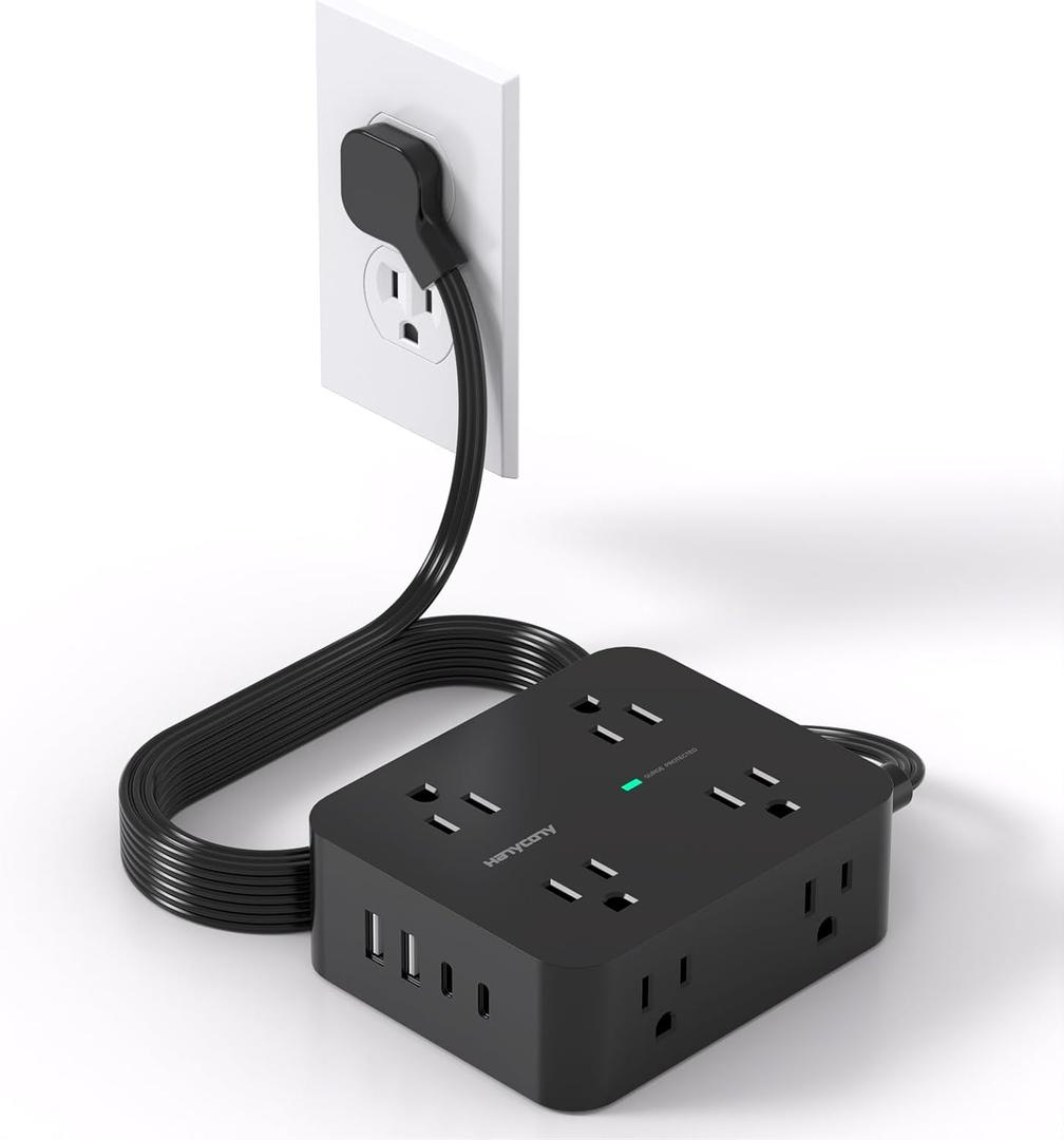 Power Strip Surge Protector, HANYCONY 5Ft Ultra Thin Flat Extension Cord with Multiple Outlets, 8 Widely Outlet Extender 4 USB Ports(2 USB C), 1080J Wall Mount for College Dorm Room Essentials Black