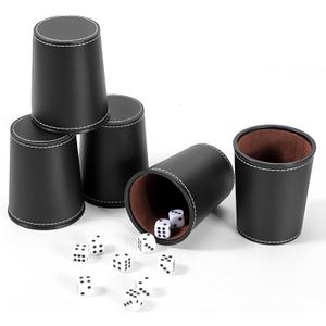 Leather Dice Cup Set, 5 Black Dice Cups + 25 Dices + Exclusive Storage and Transport Case Made of Faux Leather (10x Black)