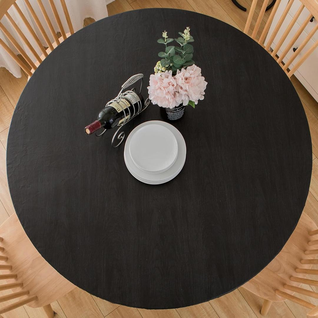 Round Vinyl Fitted Tablecloth with Flannel Backing Elastic Table Cloth Waterproof Oil-Proof Plastic Cover- Fits Tables up to 40" - 44" Diameter (Black)