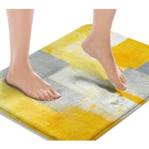 Britimes Bath Mat for Bathroom Yellow Gray Abstract Graffiti Geometric Bath Rug Floor Mat Bathroom Decorations 16x24 Inches for Kitchen Bedroom Indoor