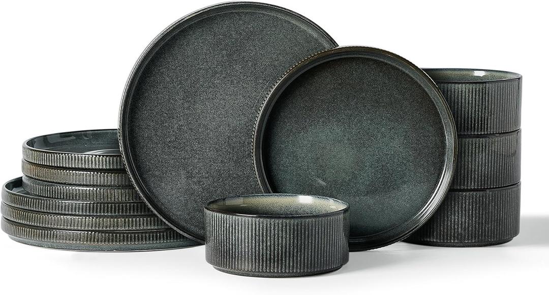 Famiware Star Dinnerware Set, Plates and Bowls Sets for 4 (12pcs), Ribbed Stoneware Dishes - Chip & Scratch Resistant, Microwave & Dishwasher Safe, Deep Forest
