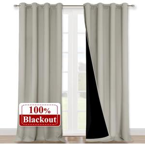 NICETOWN Natural 100% Blackout Curtains for Windows, Pack of 2, 52 inches W x 102 inches L, Super Heavy-Duty Black Lined Total Darkness Drapes for Bedroom, Privacy Assured Window Treatment for Patio