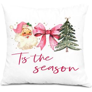 Pink Christmas Pillow Covers 18x18, Girly Christmas Decor, Coquette Glitter Pink Bow Xmas Tree Santa Decorative Throw Pillow Covers for Girls Bedroom Living Room Home (Color 01)
