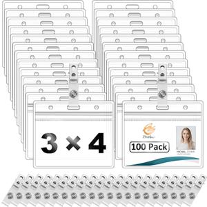 Clear Plastic Horizontal Name Tag Holder and Metal Badge Clip with Vinyl Straps Waterproof PVC ID Card Holders (100 Pack, Horizontal Large 3x4)