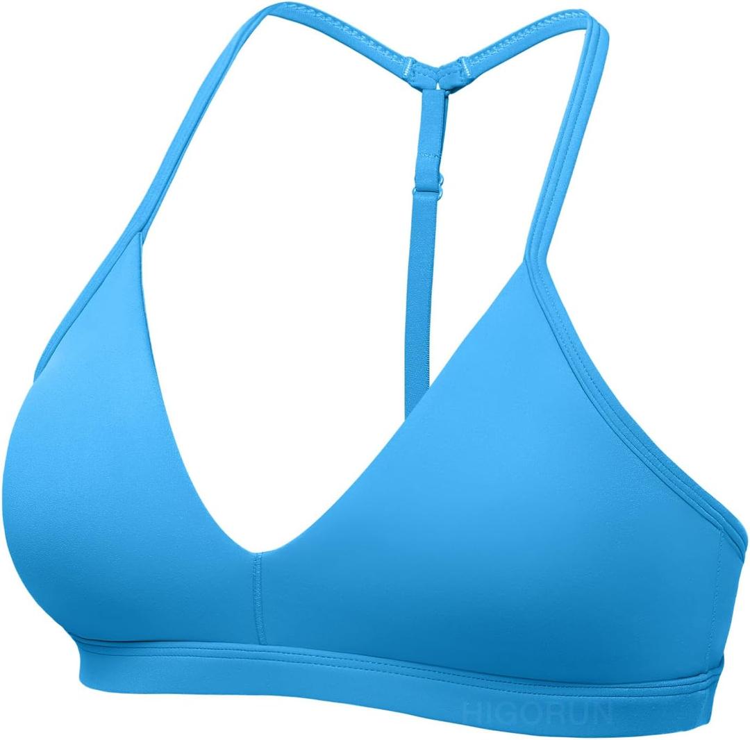 HIGORUN Workout Sports Bras for Women Backless Padded V Neck Strappy Bra Low Impact Y Back Gym Yoga Tops (Medium, Blue)
