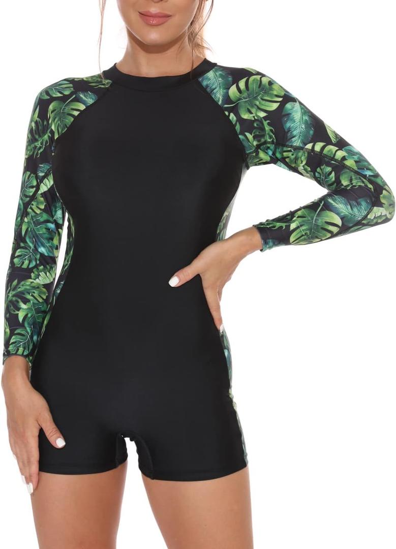YATEEN Women Rash Guard Long Sleeve One Piece Swimsuit Surfing Bathing Suit UPF 50+ Athletic Swimwear (X-Large, Boyleg-black / Green)
