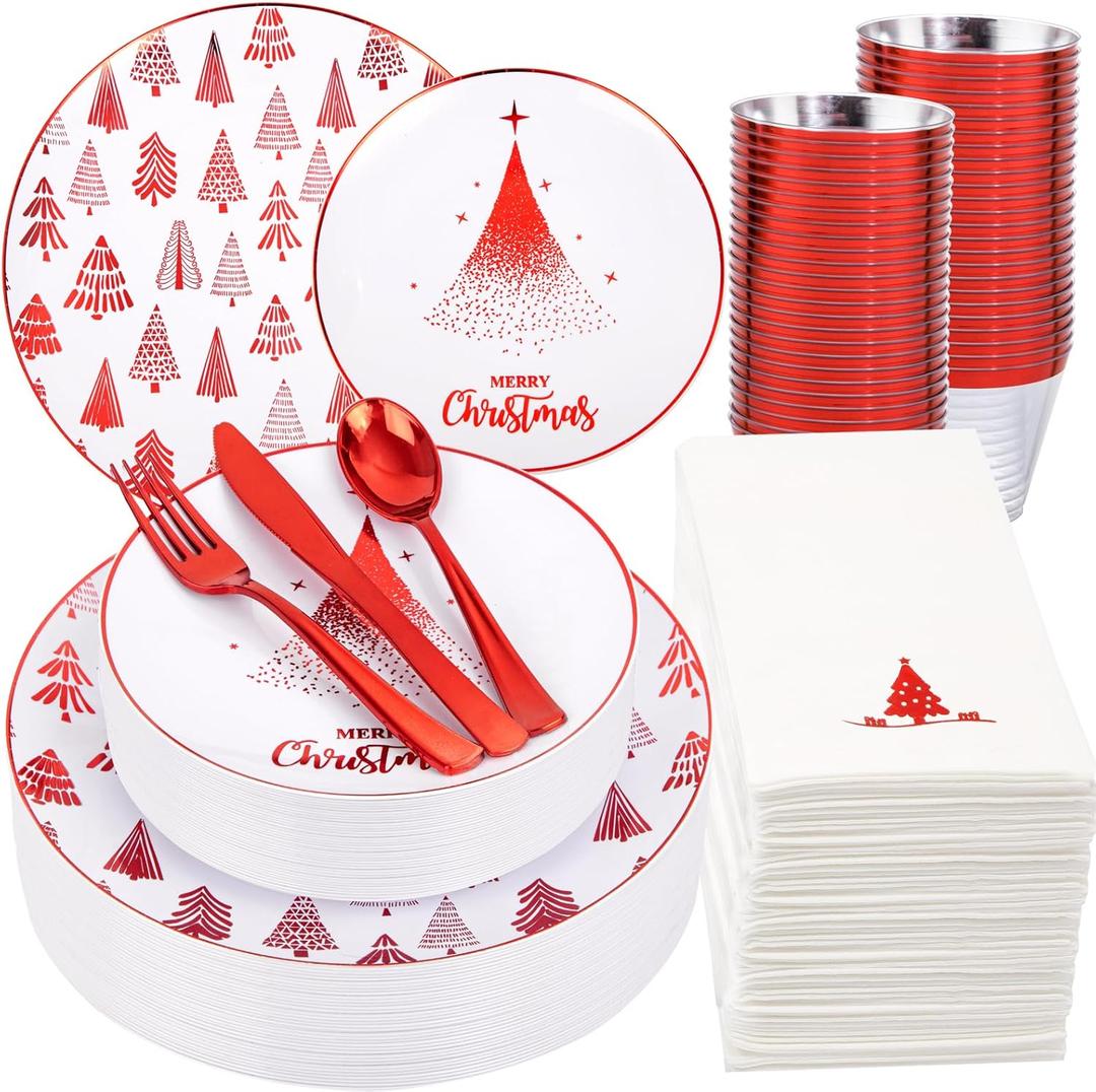 Nervure 175PCS Christmas Plastic Plates - Withe and Red Disposable Plates - Xmas Tree Plates Include 25Dinner Plate, 25Dessert Plate, 75Silverware, 25Cups, 25 Napkins for Christmas Party