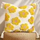 Throw Pillow Covers 18x18 - Tufted Decorative Pillow Cover with Zipper for Couch Sofa Bed Living Room Home Decor Aesthetic Soft Spring Summer Farmhouse Tassels Indoor Pillowcase, Yellow Flower