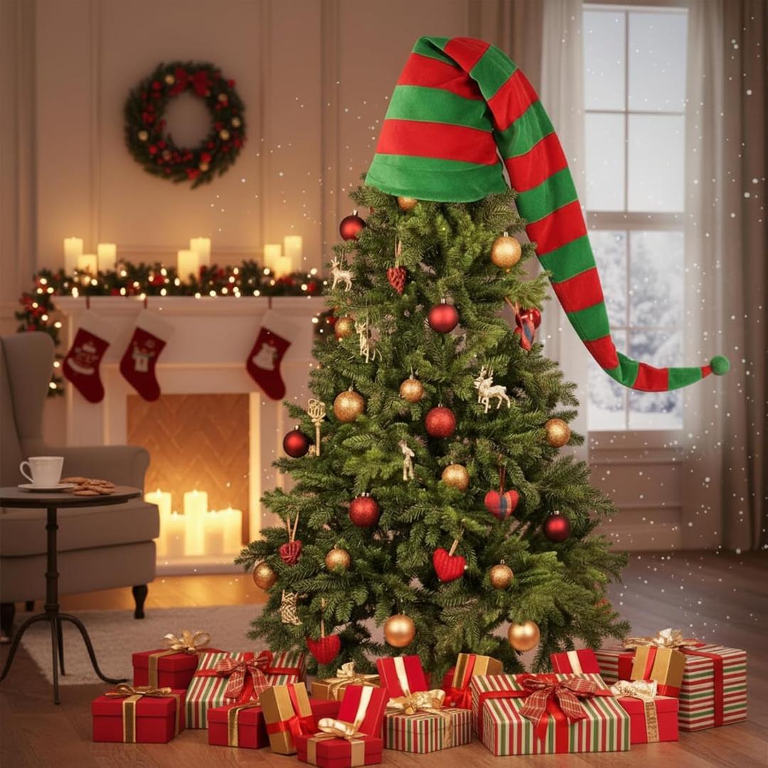 Gejoy Christmas Santa Hat Tree Topper Large 63 x 15.7 Inch Santa Hats Gaint Witch Striped Hat Topper Long Tail Xmas Tree Ornament for Xmas Holidays Winter Party Decorations(Red Green Striped)