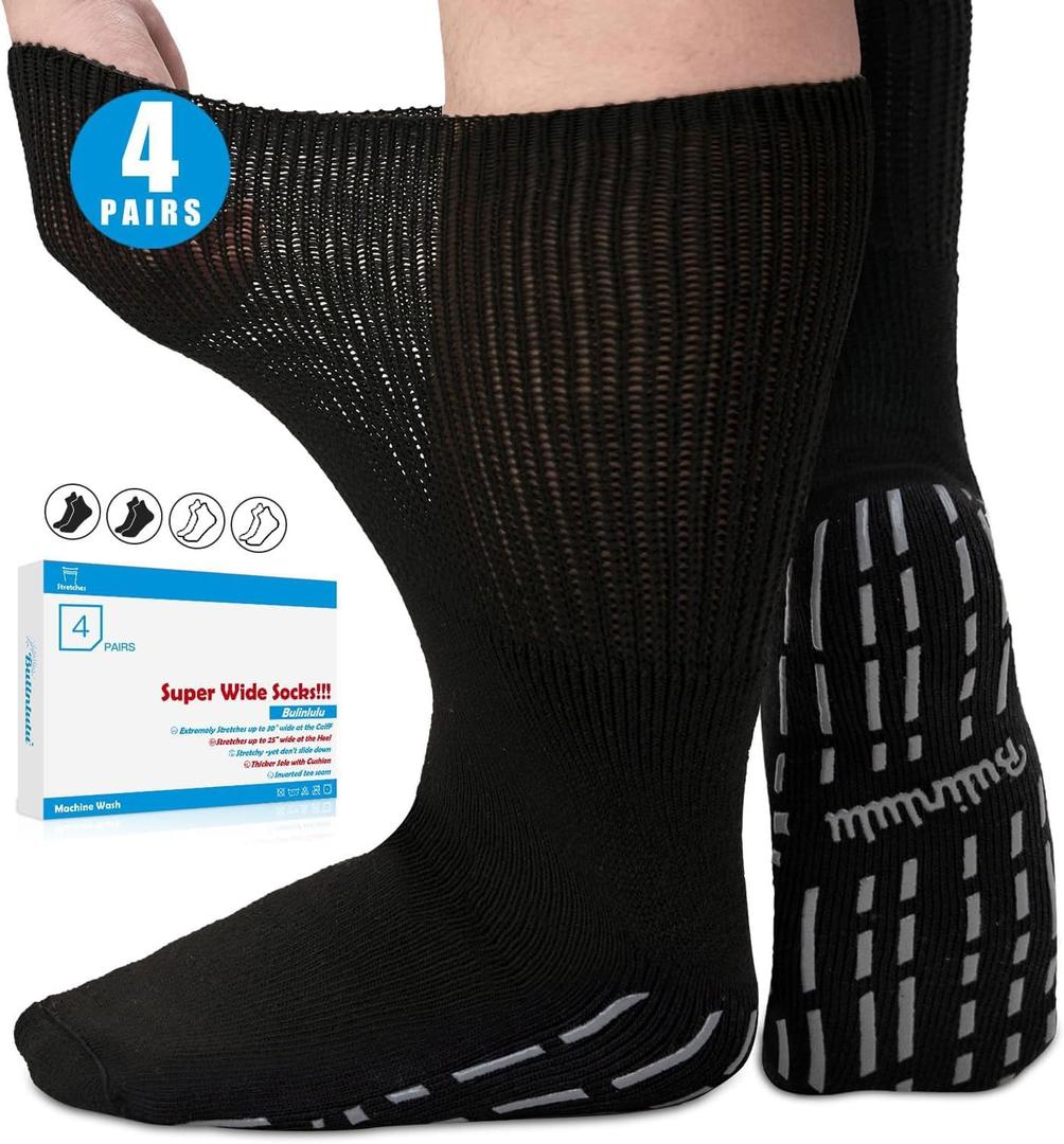 Bulinlulu Extra Width Diabetic Socks Men Women-4 Pairs Wide Edema Sock for Swollen Feet,Non Slip Cast Bariatric Socks 13-15 (Black/White)