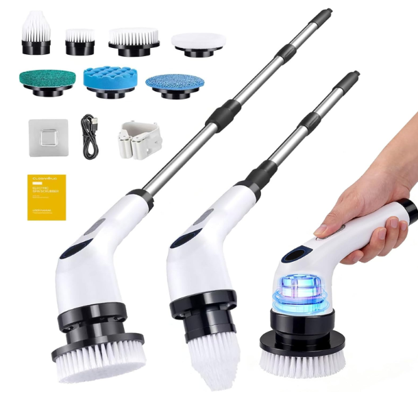 Cleanninja Electric Spin Scrubber for Cleaning, Adjustable Shower Brush with 7 Replaceable Heads & Power LED Display, 2 Speed Waterproof Cordless Shower Scrubber for Bathtub, Kitchen, Car, White
