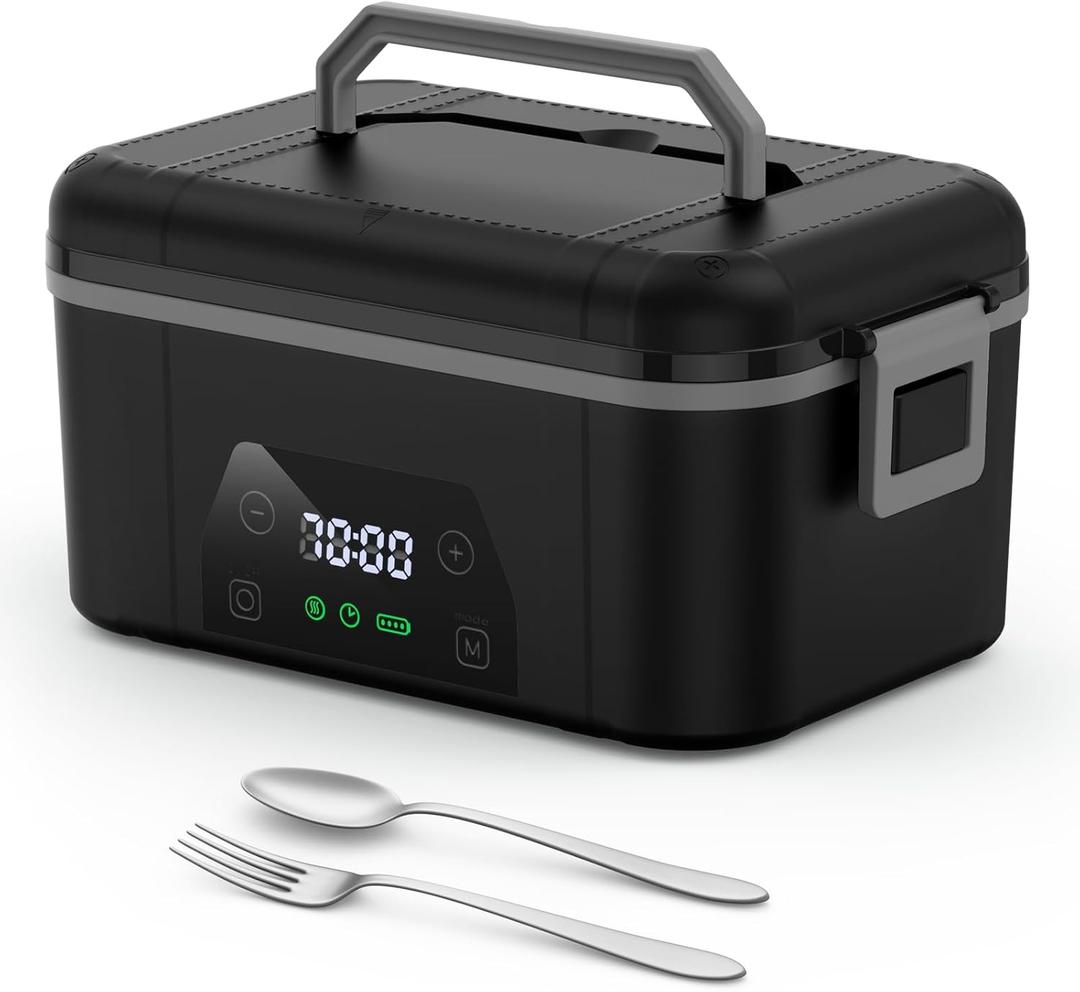 Cordless Heated Lunch Box, Smart Timer Automatic Heating Food Warmer for Adults, 5.5-Cup Portable Electric Lunch Container with Handheld Insulated Bag（Dark Black）