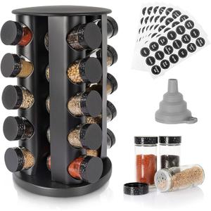 Black Countertop Rotating Spice Rack, Round Empty 20-Jars Revolving Spice Rack Organizer, 135 Spice Labels with Funnel Complete Set, for Kitchen Countertop, Cabinet
