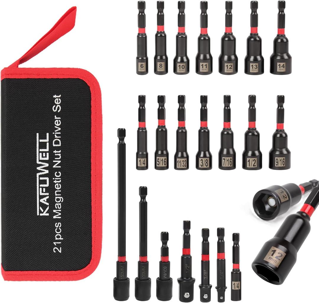 21PCS Nut Driver Set Magnetic, 1/4" Impact Drill Driver Bit Set, Metric and SAE, Impact Socket Adapters, Quick-Release Bit Holder with Storage Bag