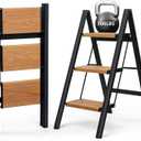 3 Step Ladder, Anti-Slip and Lightweight Foldable Step Ladder for Adults & Kids to Use in Kitchen,Closet and Library,300lbs(Black+Woodgrain)