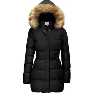 WenVen Women's Winter Thicken Puffer Coat Warm Jacket with Faux Fur Removable Hood (X-Large, Black)