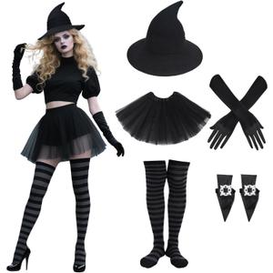 Witch Hat Costume for Women - 5 PCS Halloween Witches Hats with Tulle Skirt Shoe Covers Striped Thigh Socks Gloves, Gothic Witch Set for Halloween Renaissance Party Costume Accessories