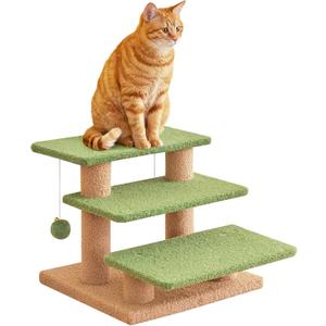 15''H Green Multi-Step Pet Stairs for High Beds & Sofas, 3-Step Cat Stairs with 2 Toy Balls, Wide Boards for Indoor Kittens Dogs Pets Climbing