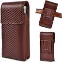 LEATHER VILLAGE Carbon Genuine Leather Phone Holster with Belt Clip - Compatible with iPhone 16 Pro Max 15 Pro Max 14 Pro Max 13 Pro Max 12 Pro Max 16 Plus 15 Plus 14 Plus Galaxy s23/24Plus- Brown- L