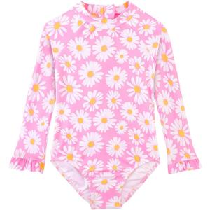 Alakuoti Long Sleeve One Piece Ruffle Swimsuit for Toddler Girls Baby Girl Rashguard Shirt with UPF 50+ Sun Protection (Pink, XS)