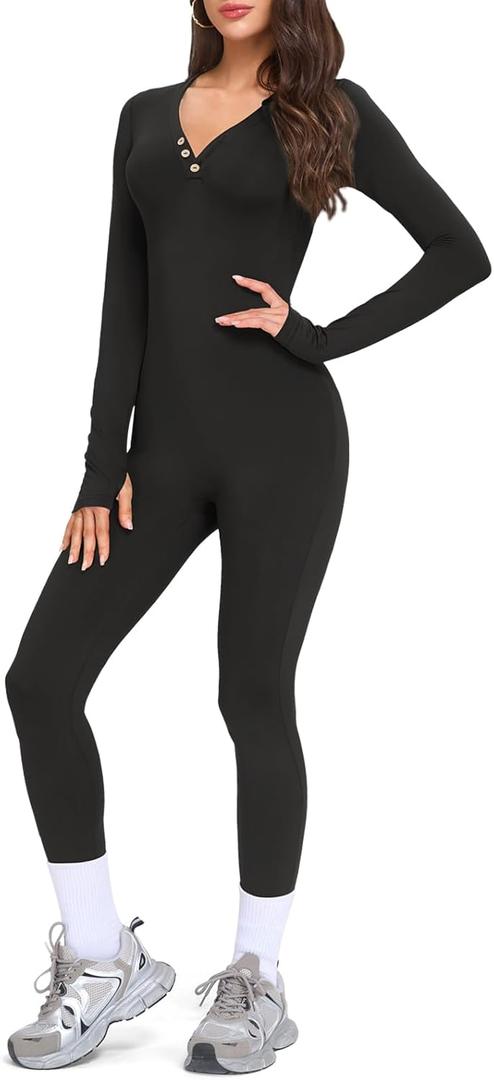 VUTRU Long Sleeve Jumpsuit for Women One Piece Fleece Romper Henley Collar Workout Bodycon Full Body Yoga Jumpsuits (Size Medium, Black)