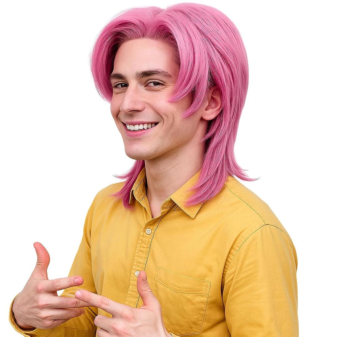Pink Cosplay Wig for Men - Shoulder Length Anime Cosplay Wigs for Mens Halloween Costume Party (Pink)
