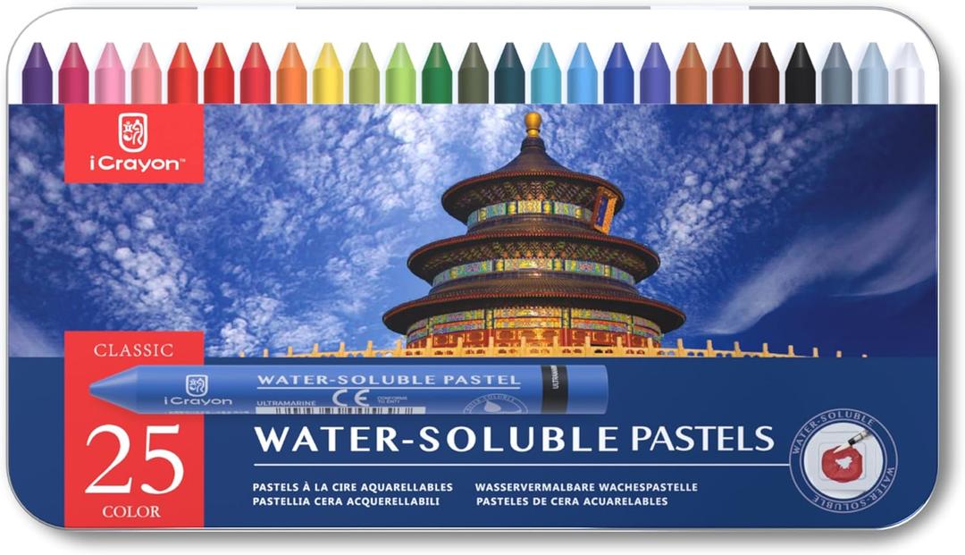 25 Colors Water Soluble Pastels, Watercolor Pastels Set for Beginners and Hobbyists, Includes Sharpener, Palette & Brush for Vibrant Art Creations (Classic) (25 Count (Pack of 1))