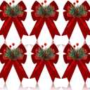 Syhood 6 Pcs Christmas Velvet Bow with Pine Cones Pine Needles Berries Xmas Wine Red Ribbon Bow Ornaments 6.3 x 5.1 Inch for Christmas Tree Wreath Garden Fireplace Crafts DIY Decor
