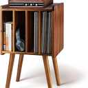 2BHOME Wooden LP Record Player Stand with 4 Cabinets, Holds up to 100 Vinyls, Metal Record Storage Holder and Organizer Table, Classical Design for Files/Book (Mid-Century Modern) (Warm Acacia)