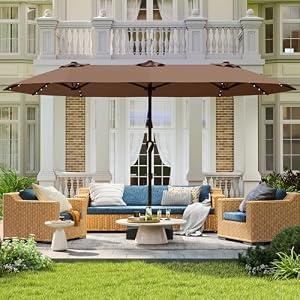 Tobeos 13ft Large Rectangle Patio Umbrella with 36 Solar LED Lights,Double-Sided Outdoor Market Umbrella with Base Included,Oversized Umbrella for Deck,Garden,Pool,Backyard(Tan)