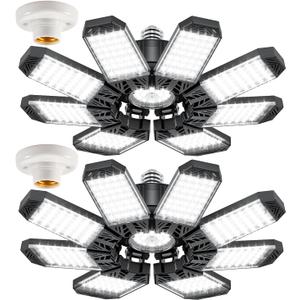 ISKYDRAW LED Garage Lights 2 Pack, 260W 26000LM Bright Shop Light with 8+1 Deformable Panels, 6500K Garage Ceiling Light Screw Into E26 E27 Bulb Socket Bay Lighting for Workshop Basement Barn Attic