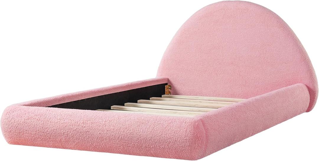 Merax Twin Bed Frames with Arch Shaped Headboard, Pink Fleece Cloud Upholstered Bed Frame, Twin Floor Bed Frame with Solid Wood Slats, No Box Spring Required, Noise-Free, Easy Assembly